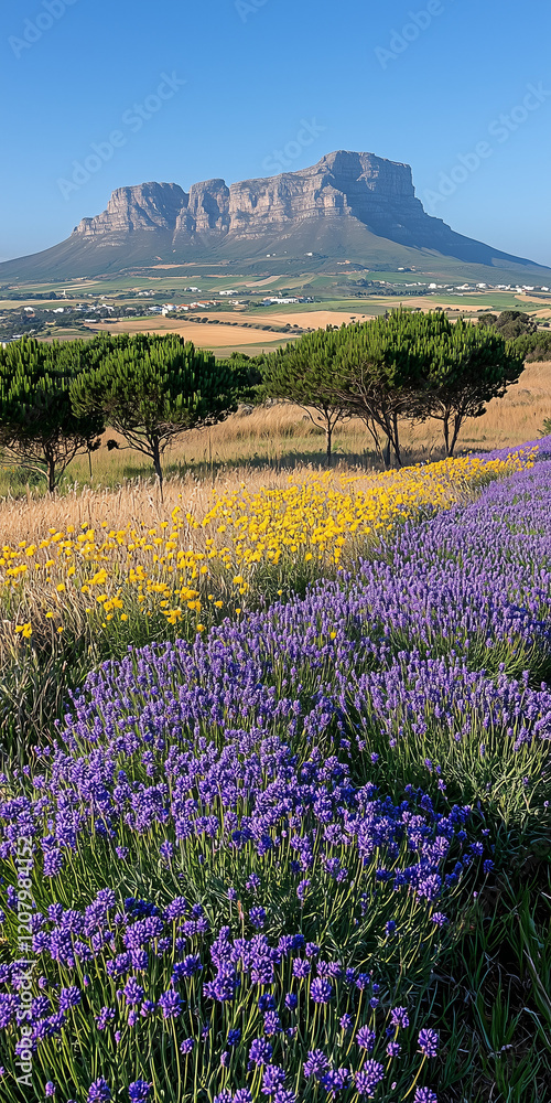 Obraz premium A scenic view of purple lavender fields in the foreground, with Table Mountain in the background under a clear blue sky.