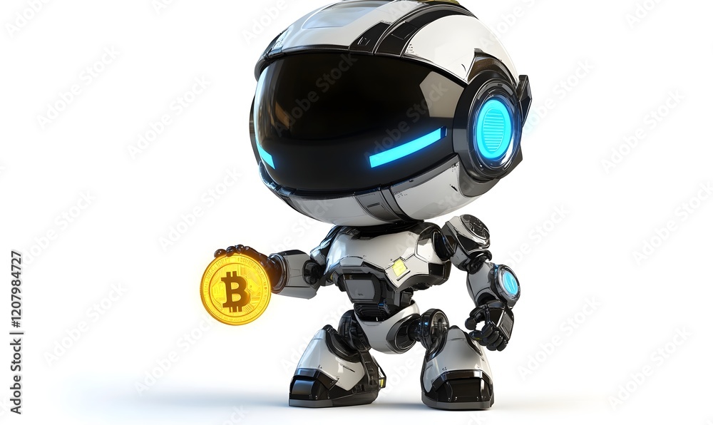 Cute robot holding bitcoin, digital currency, white background, futuristic concept Cute robot holding bitcoin, digital currency, white background, futuristic concept