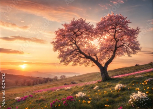 Wallpaper Mural Tree of Love in Spring: Heart-Shaped Tree at Sunset with Flowers Torontodigital.ca