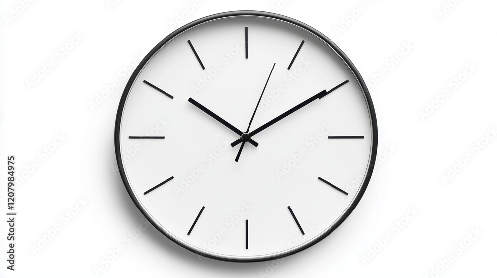 A round wall clock with a minimalist design and black hands placed flat on a solid white background, single object
