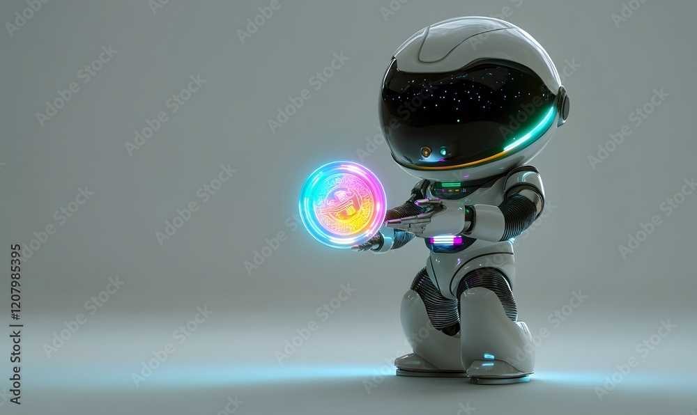 Cute robot holding orb, futuristic studio, digital background, tech illustration Cute robot holding orb, futuristic studio, digital background, tech illustration