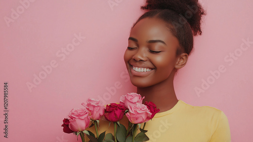 Smiling woman holding a bouquet of roses in spring, showing love and happiness, with pink and red flowers, perfect for a valentine gift or bride's bouquet photo