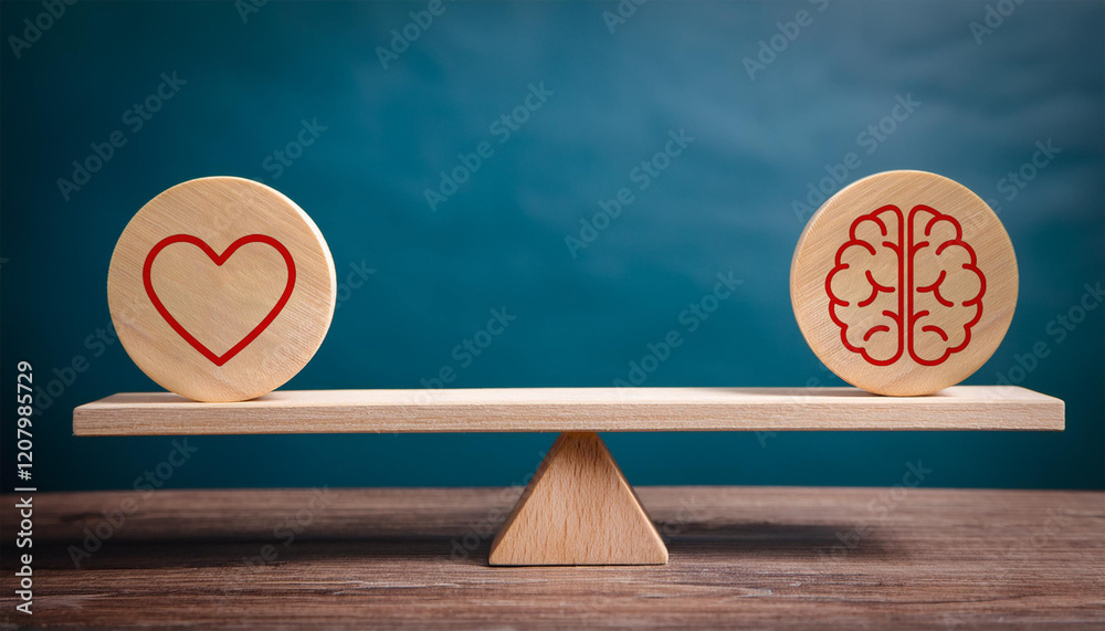 Obraz premium Heart Versus Brain Concept on Wooden Balance Scale Representing Emotions and Logic