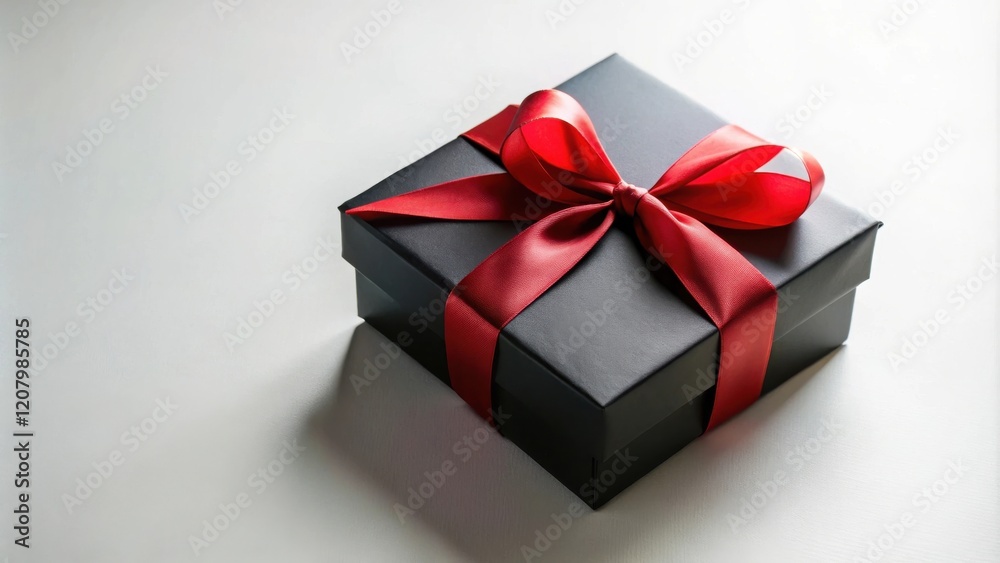 Fototapeta premium A sophisticated black gift box adorned with a vibrant red ribbon, a perfect present for a special occasion
