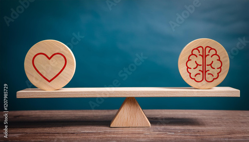 Heart Versus Brain Concept on Wooden Balance Scale Representing Emotions and Logic photo