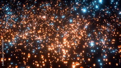 Night Sky Illuminated by Floating Lanterns and Stars
