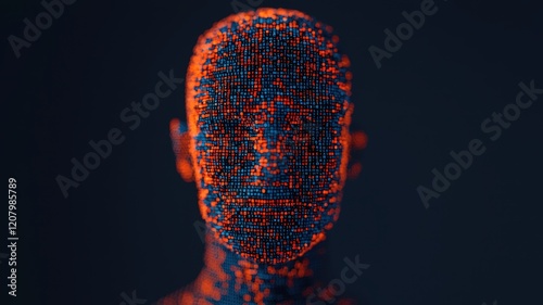AI Strategy Planning concept. Abstract representation of a human face made from colorful data patterns on a dark background.