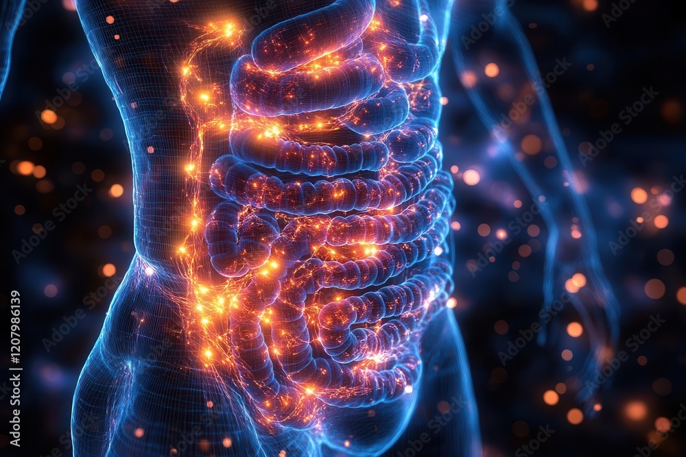 anatomical illustration of human digestive system with glowing areas highlighting problem zones medical infographic style clean design