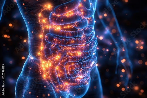 Obraz na płótnie anatomical illustration of human digestive system with glowing areas highlighting problem zones medical infographic style clean design w salonie