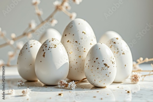 Elegant white and gold speckled eggs with delicate branches on marble surface photo