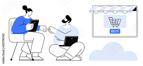 Entrepreneurs collaborating on tablets and laptops while shaking hands. Shopping cart and buy button in cloud. Ideal for e-commerce, teamwork, digital marketing, online collaboration, telecommuting