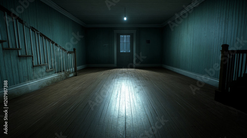 dimly lit interior of house featuring wooden floors, staircase, and door. atmosphere feels eerie and abandoned, evoking sense of mystery and suspense