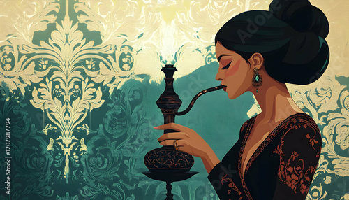 Illustration of a woman elegantly using a hookah, styled in artistic detail