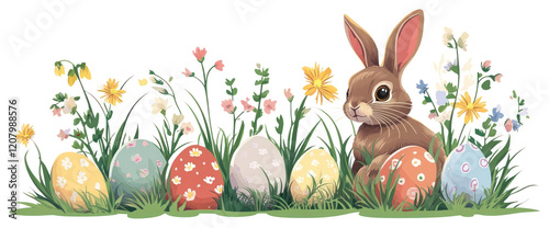 PNG Easter eggs and rabbit on green grass and flowers border easter bunny cute.