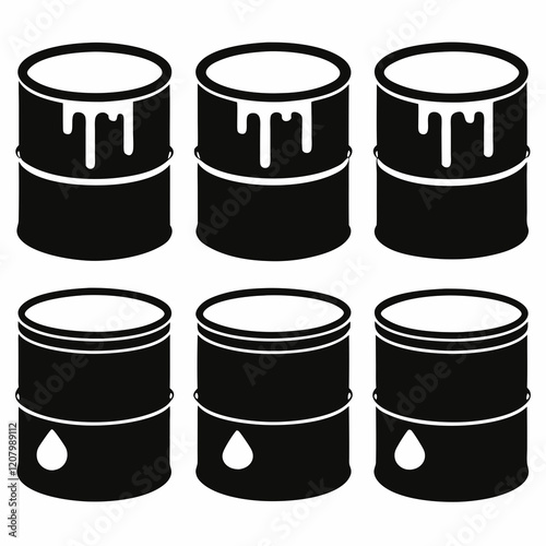 Simple Black and White Oil Barrel Icons Set
