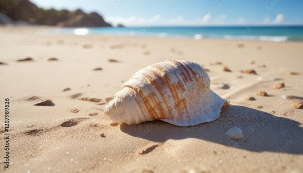 Big empty seashell lying in the warm soft sand of a beautiful seaside location with clear blue waters, empty seashell, ocean view, shells Big empty seashell lying in the warm soft sand of a beautiful seaside location with clear blue waters, empty seashell, ocean view, shells
