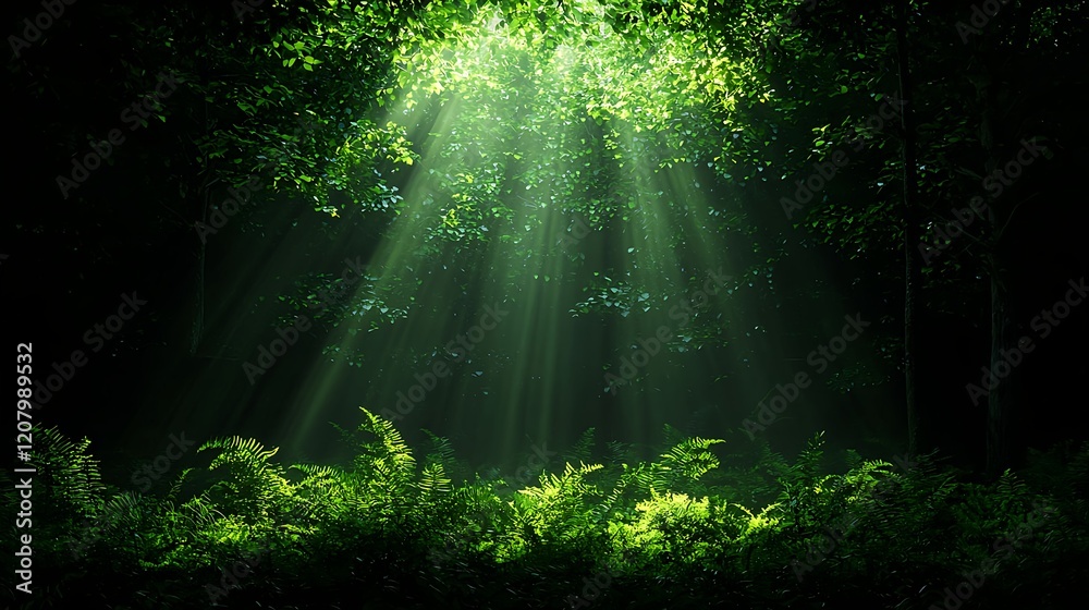 Fototapeta premium Sunlight Beam Through Green Leaves in Lush Forest Environment