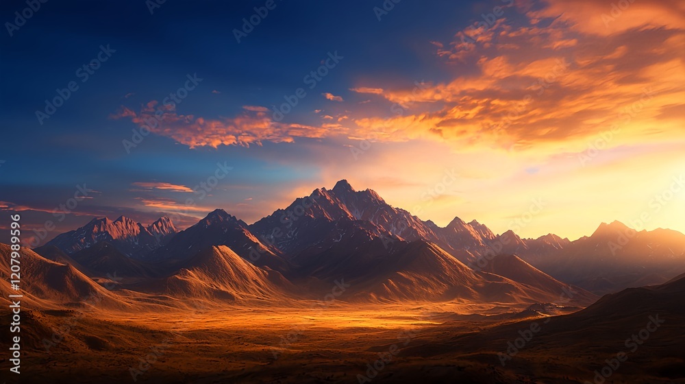 Obraz premium Majestic Mountain Range Under Dramatic Sunset Sky Over Valley