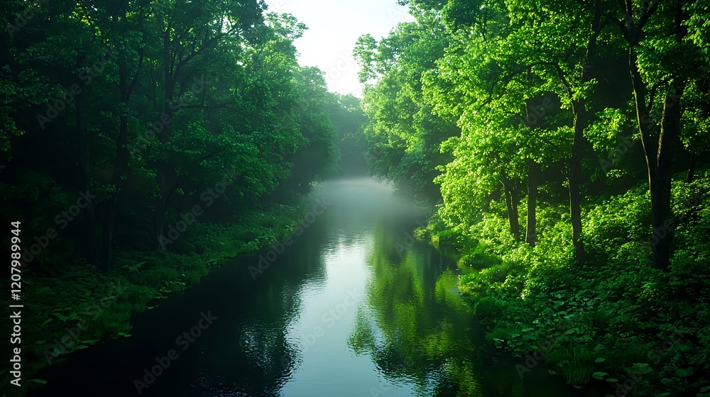Fototapeta premium Serene Green Forest Landscape with Calm Water Reflection