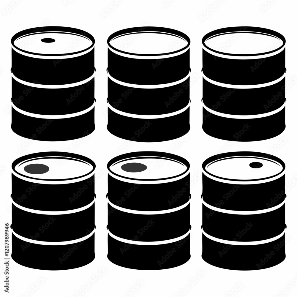 Simple Black and White Oil Barrel Icons Set Simple Black and White Oil Barrel Icons Set