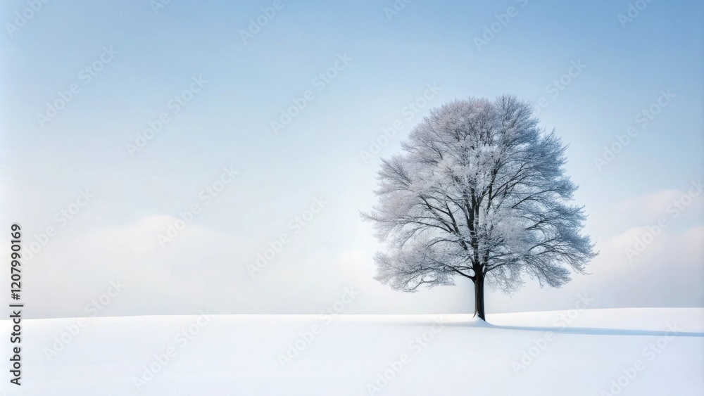 Serene Winter Landscape A solitary frost-covered tree stands in a vast, snow-covered field under a pale blue sky Serene Winter Landscape A solitary frost-covered tree stands in a vast, snow-covered field under a pale blue sky