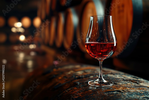 A glass of red wine sits on a barrel in a winery, with rows of barrels in the background. The warm lighting and rustic setting create a cozy atmosphere, perfect for enjoying a glass of fine wine.