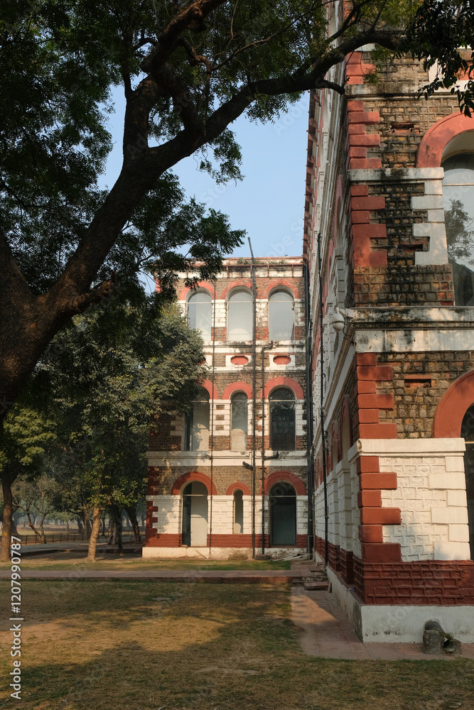 Fototapeta premium Museum building in Red Fort, India, Delhi. Historic building with arched windows and brick facade