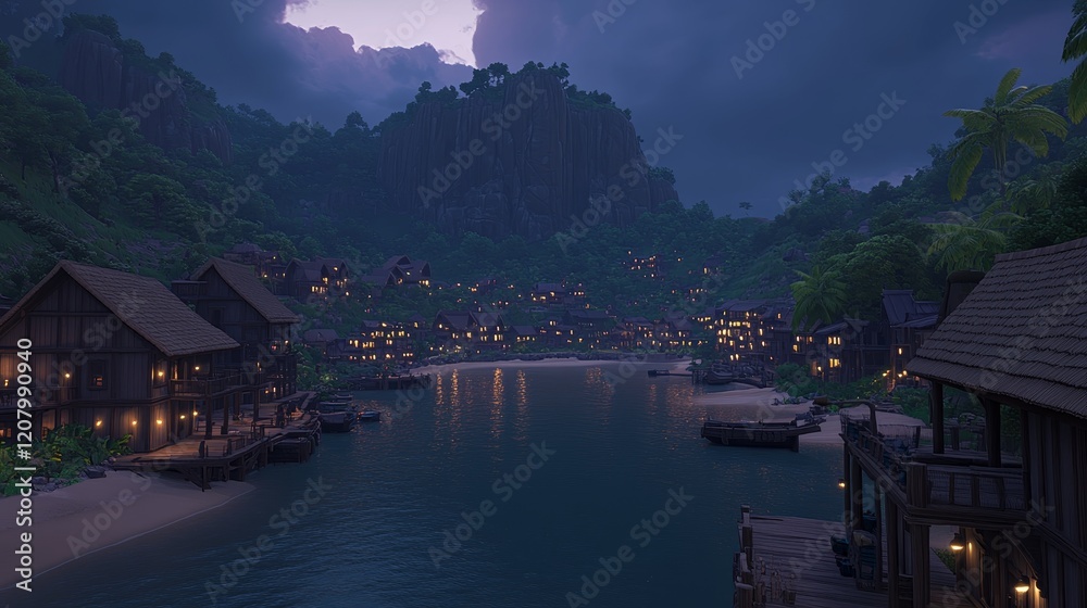 Fototapeta premium Nightfall Serenity Coastal Village at Dusk