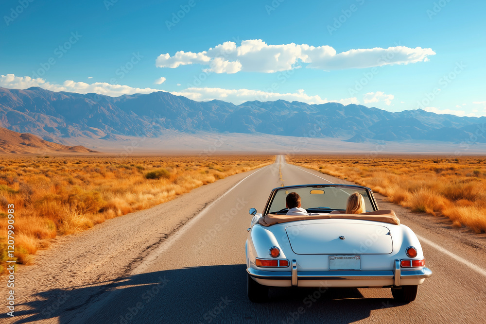 Naklejka premium Open Road Adventure: Couple's Desert Drive in Classic Convertible Car. Travel, freedom, and wanderlust on a scenic highway amidst breathtaking mountain landscapes. Road trip inspiración.