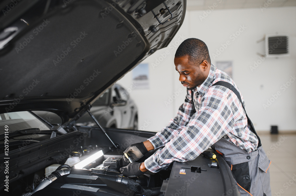 Engineer expertly examines car motor using advanced mechanical tools, ensuring optimal automotive performance and safety. African american garage employee conducts annual vehicle checkup Engineer expertly examines car motor using advanced mechanical tools, ensuring optimal automotive performance and safety. African american garage employee conducts annual vehicle checkup