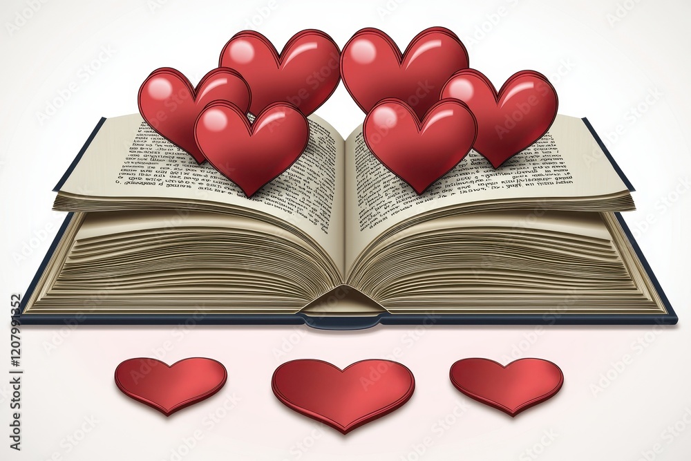 Open Book with Floating Red Hearts on White Background Open Book with Floating Red Hearts on White Background