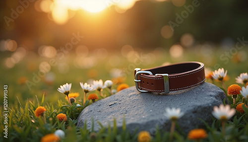 Dog collar resting on stone among blooming flowers photo