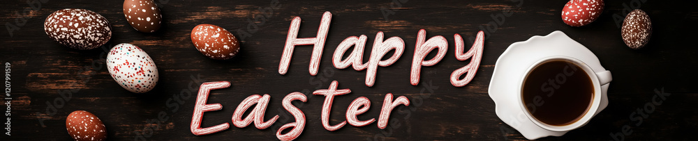 Obraz premium Happy Easter banner with decorated eggs and coffee cup on rustic wooden table celebrating spring festivities
