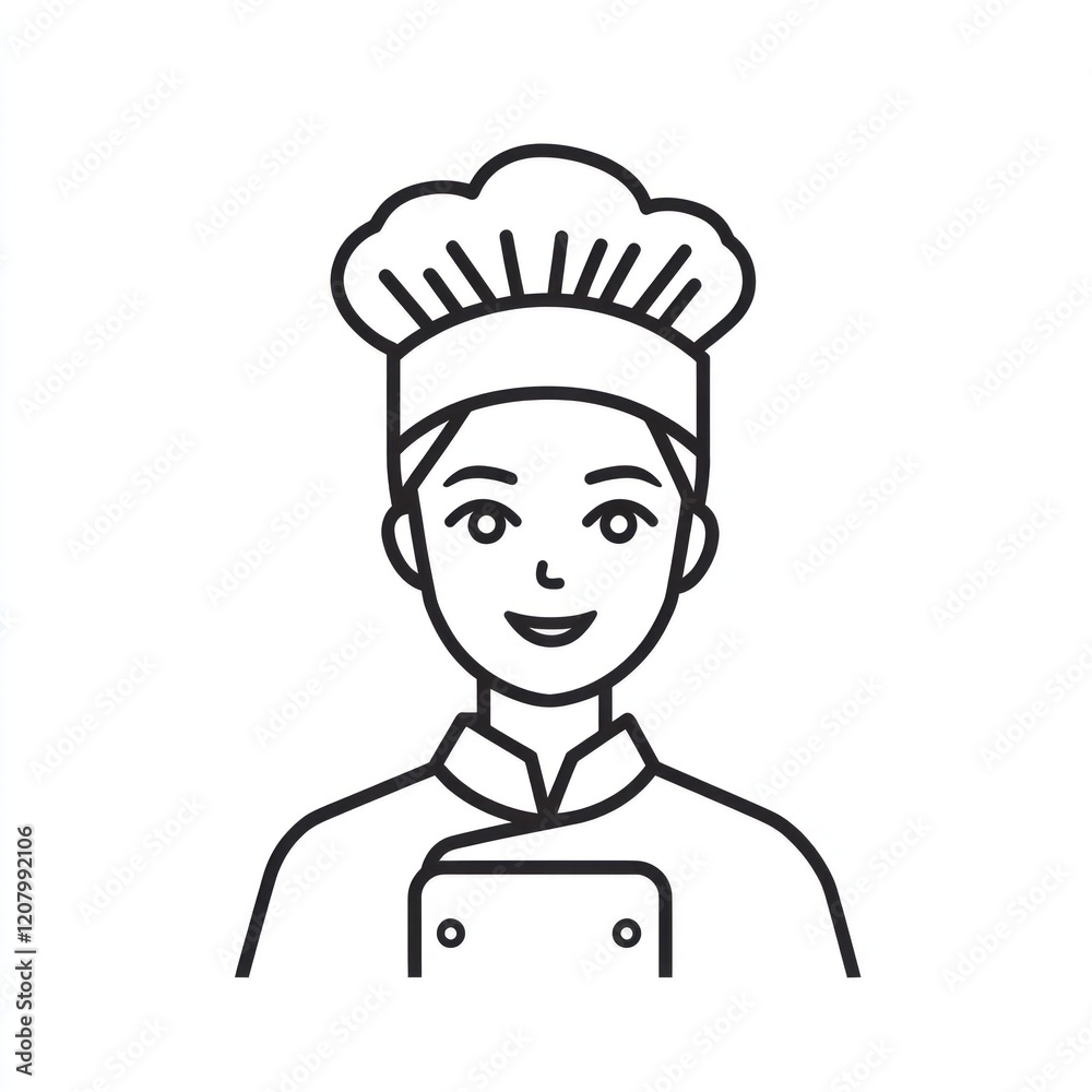 Line drawing of chef in uniform with a hat, isolated on white, for recipe book illustration Line drawing of chef in uniform with a hat, isolated on white, for recipe book illustration