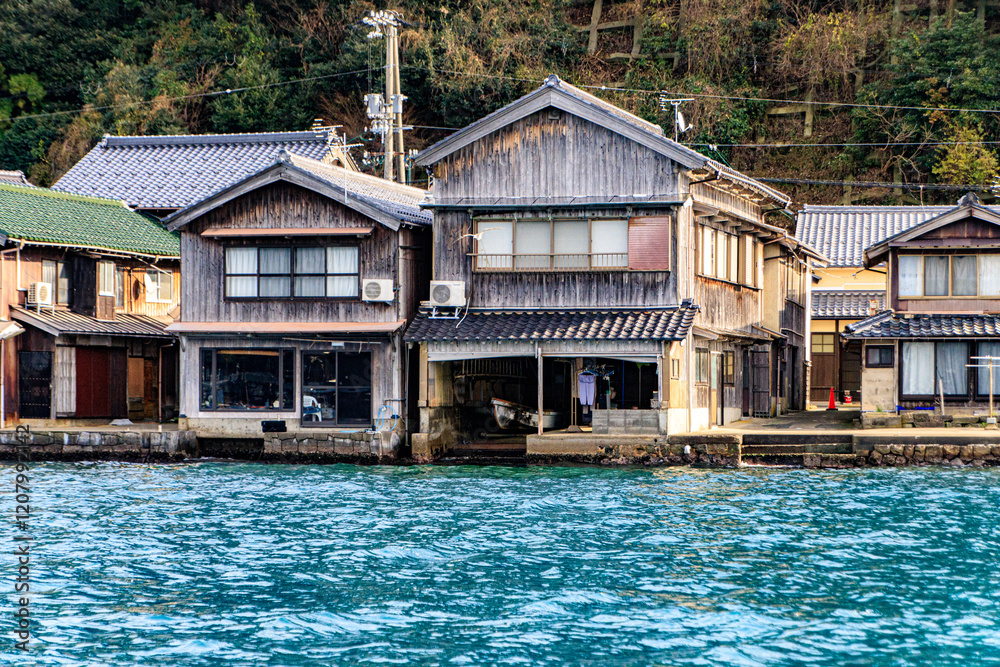 Traditional Japanese Boat Houses Storing Boats Along Ine Bay, Kyoto, Japan Traditional Japanese Boat Houses Storing Boats Along Ine Bay, Kyoto, Japan