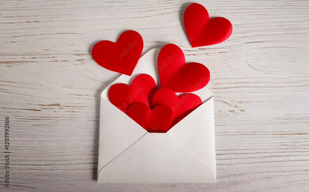 White Envelope Filled with Red Hearts on Wooden Background for Love Concept White Envelope Filled with Red Hearts on Wooden Background for Love Concept