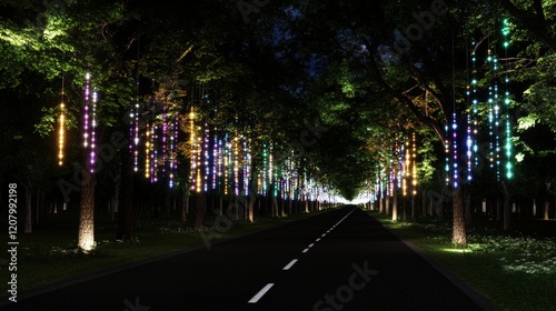 Nighttime Avenue Illuminated by Hanging Lights