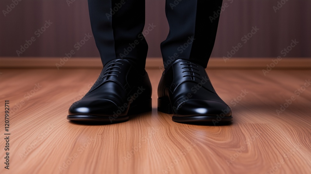 pair of classic black dress shoes stands on a sleek wooden floor, symbolizing readiness for a formal event. focus emphasizes the craftsmanship and style of the footwear