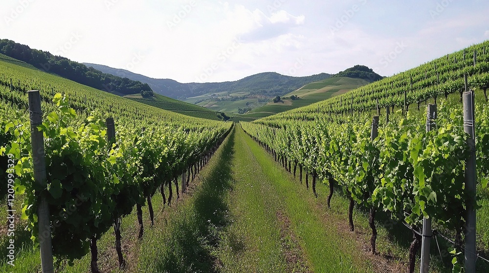 Fototapeta premium Expansive Vineyard Rows Stretching Towards Rolling Hills