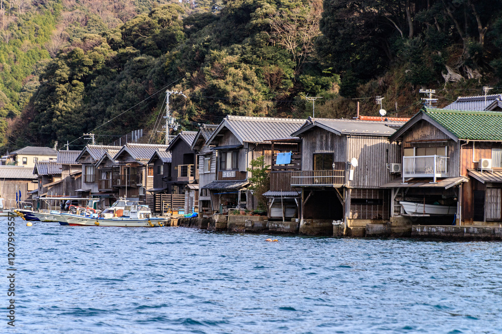 Naklejka premium Row of Traditional Boat Houses Along Ine Bay, Kyoto, Japan