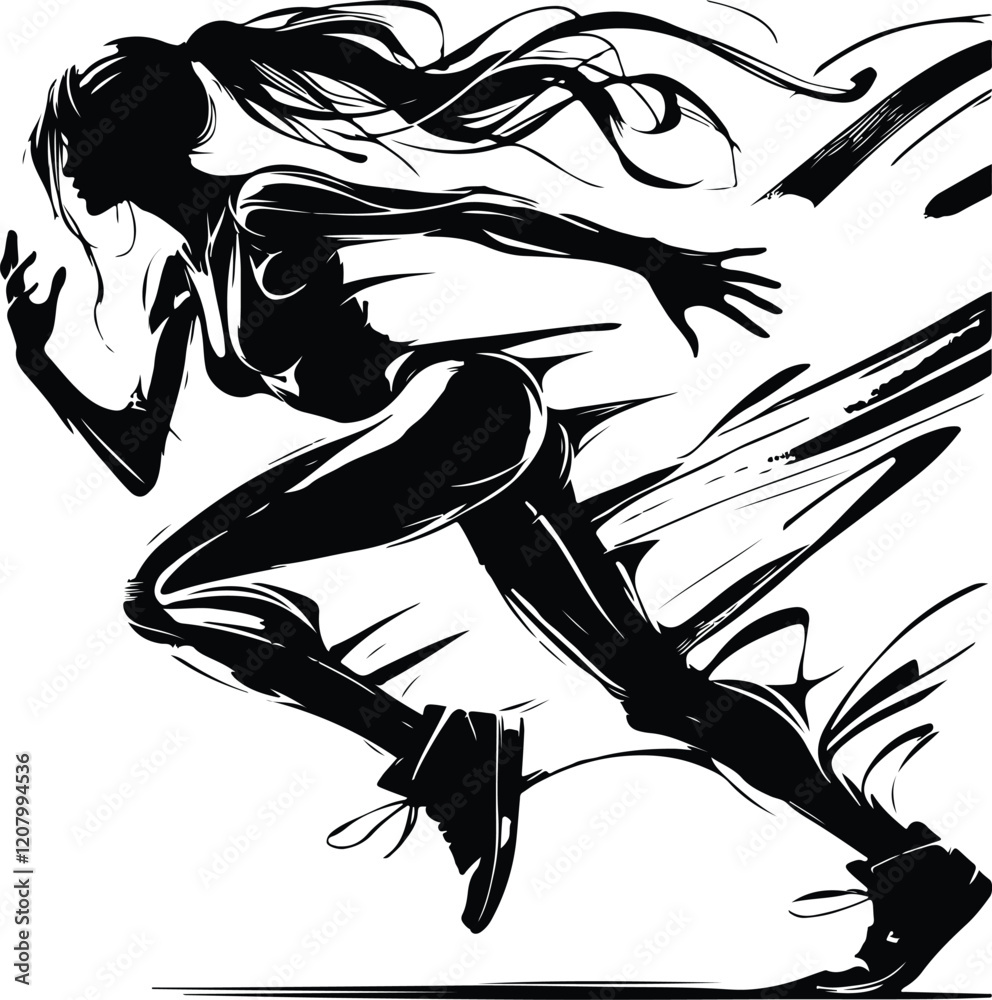 Fototapeta premium Dynamic Motion woman black color silhouette on white background