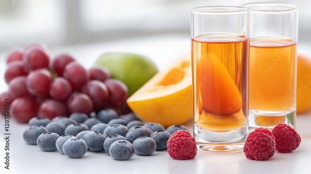 Vibrant assortment of fresh fruits including grapes, blueberries, and papaya, arranged next to two clear glasses filled with colorful drinks in a bright, modern setting
