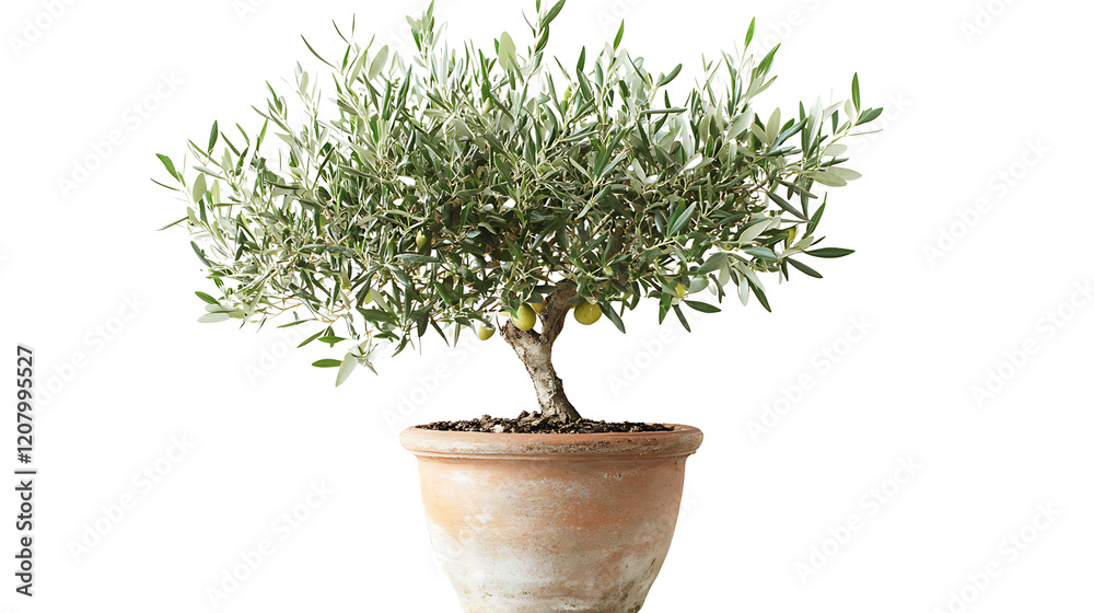 A small olive tree in a pot isolated on white background A small olive tree in a pot isolated on white background