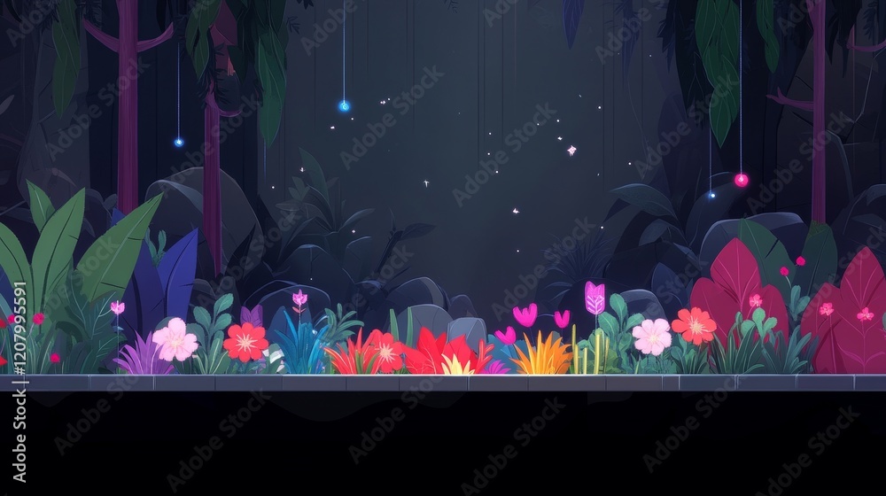 Obraz premium Nighttime Enchanted Forest Garden with Glowing Lights