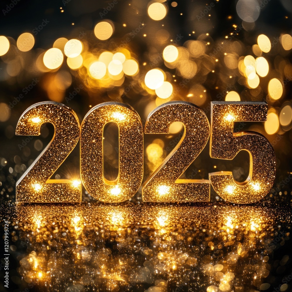 Glittering 2025 illuminated numerals on bokeh background. Glittering 2025 illuminated numerals on bokeh background.