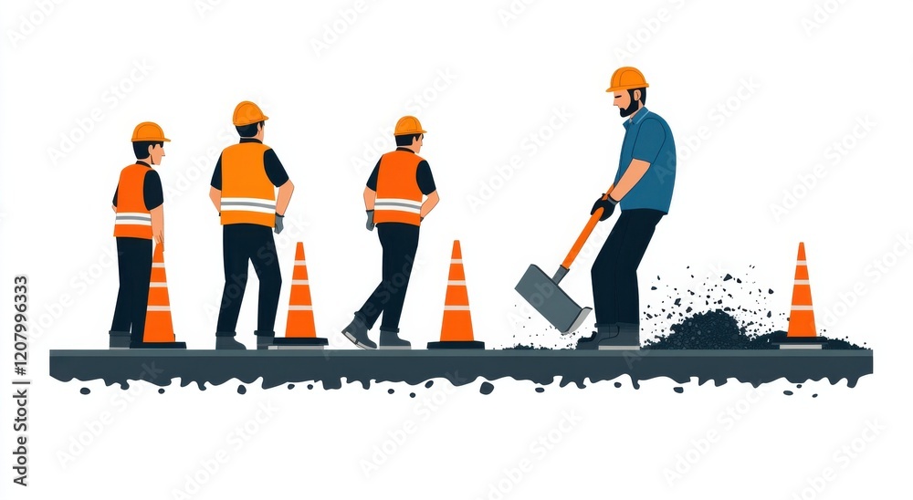 Naklejka premium Illustration of workers in safety vests paving road with construction cones and a shovel