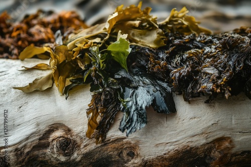 Assorted seaweed varieties on driftwood, showcasing diverse textures and colors. photo