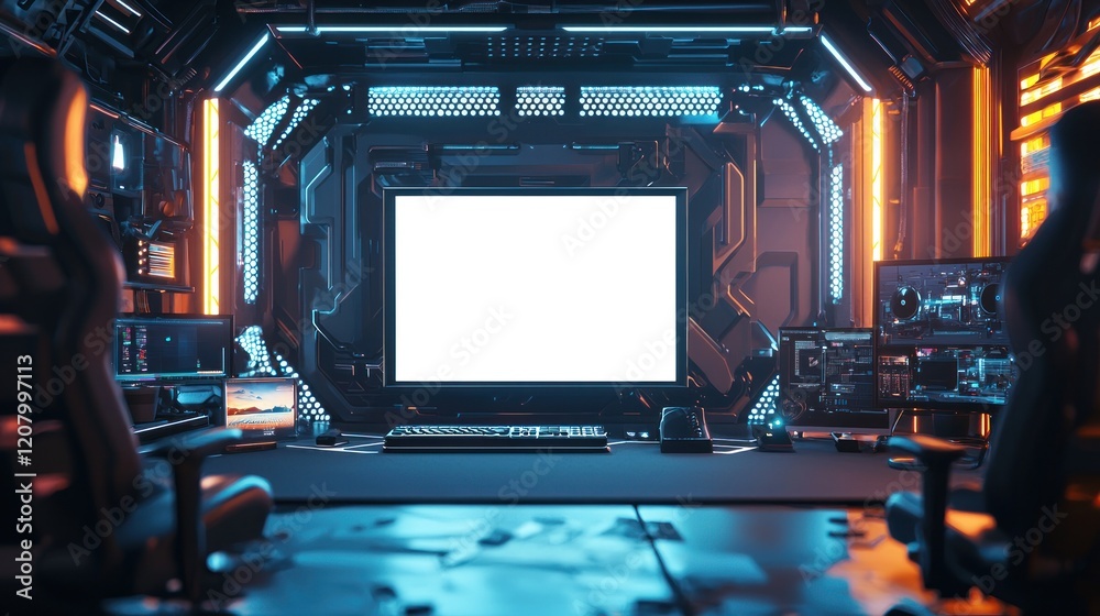 Fototapeta premium Futuristic Gaming Setup: High-Tech Gamer's Station with Blank Screen
