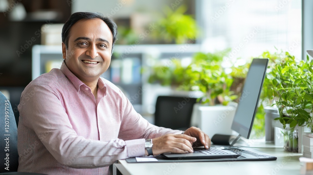 Portrait of a smiling man working at his computer in a modern office setting Portrait of a smiling man working at his computer in a modern office setting