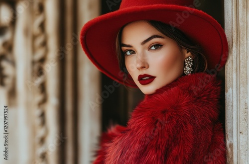 Elegant Woman in Vintage Fashion With Bold Red Accessories photo